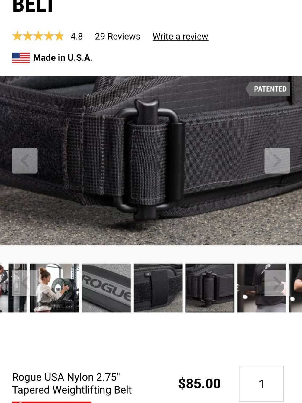 Rogue Black Nylon Weightlifting Belt with Metal Ladder Lock